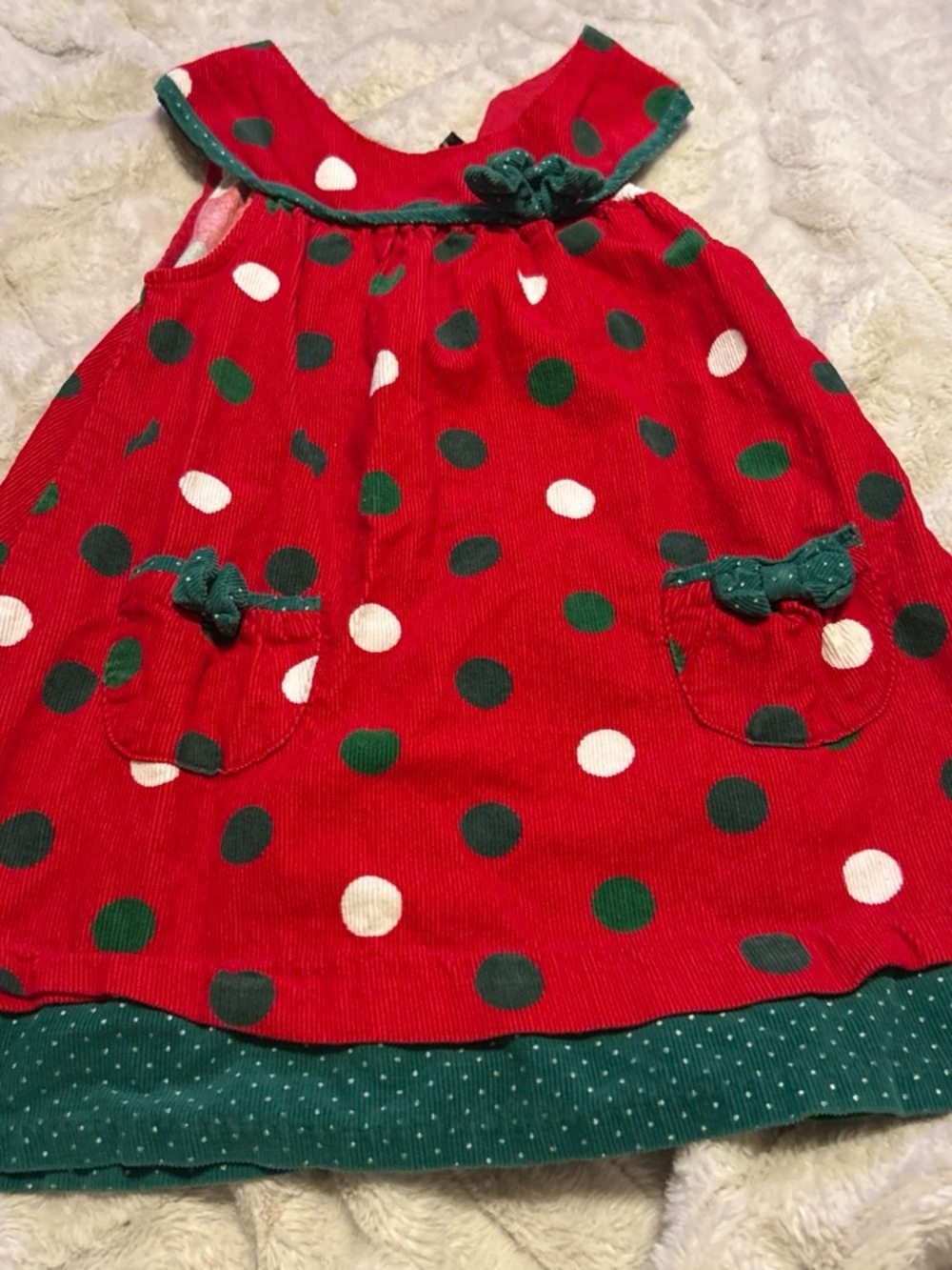 Rare Editions Red Polka Dot Corduroy Dress with Green Trim